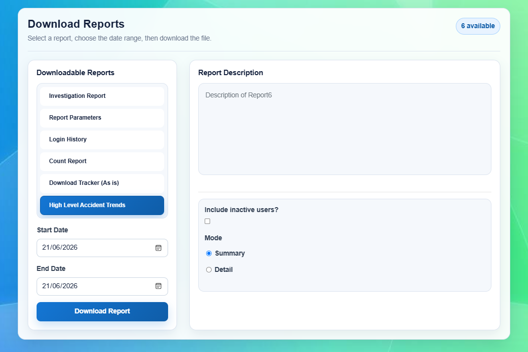 GGK downloadable Excel reports screen showing report selection and custom reporting controls