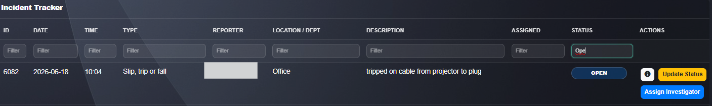 GGK incident tracker page showing column filters for narrowing visible incident rows