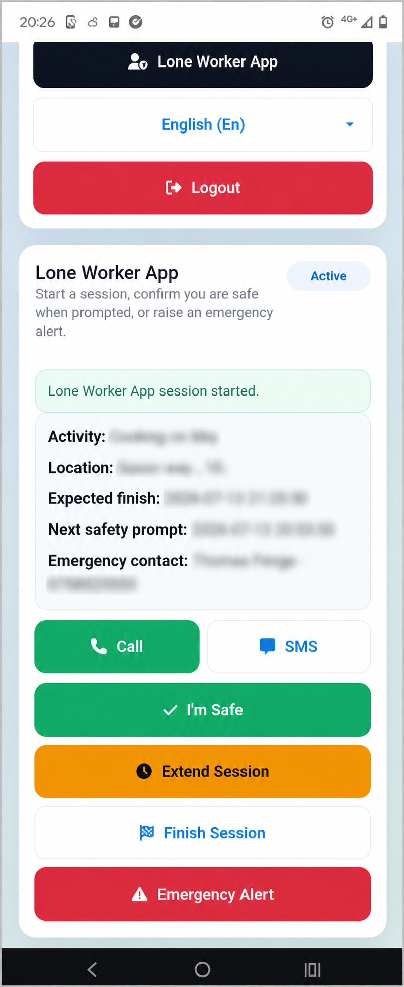 GGK lone worker app screen with personal information blurred