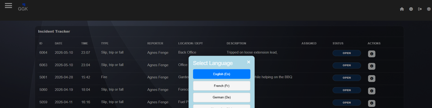 GGK incident tracker page with language selection and multilingual incident management